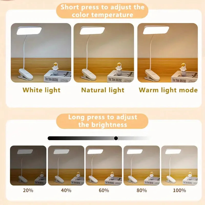 Clip-on LED Desk Lamp White Plastic for Study and Reading