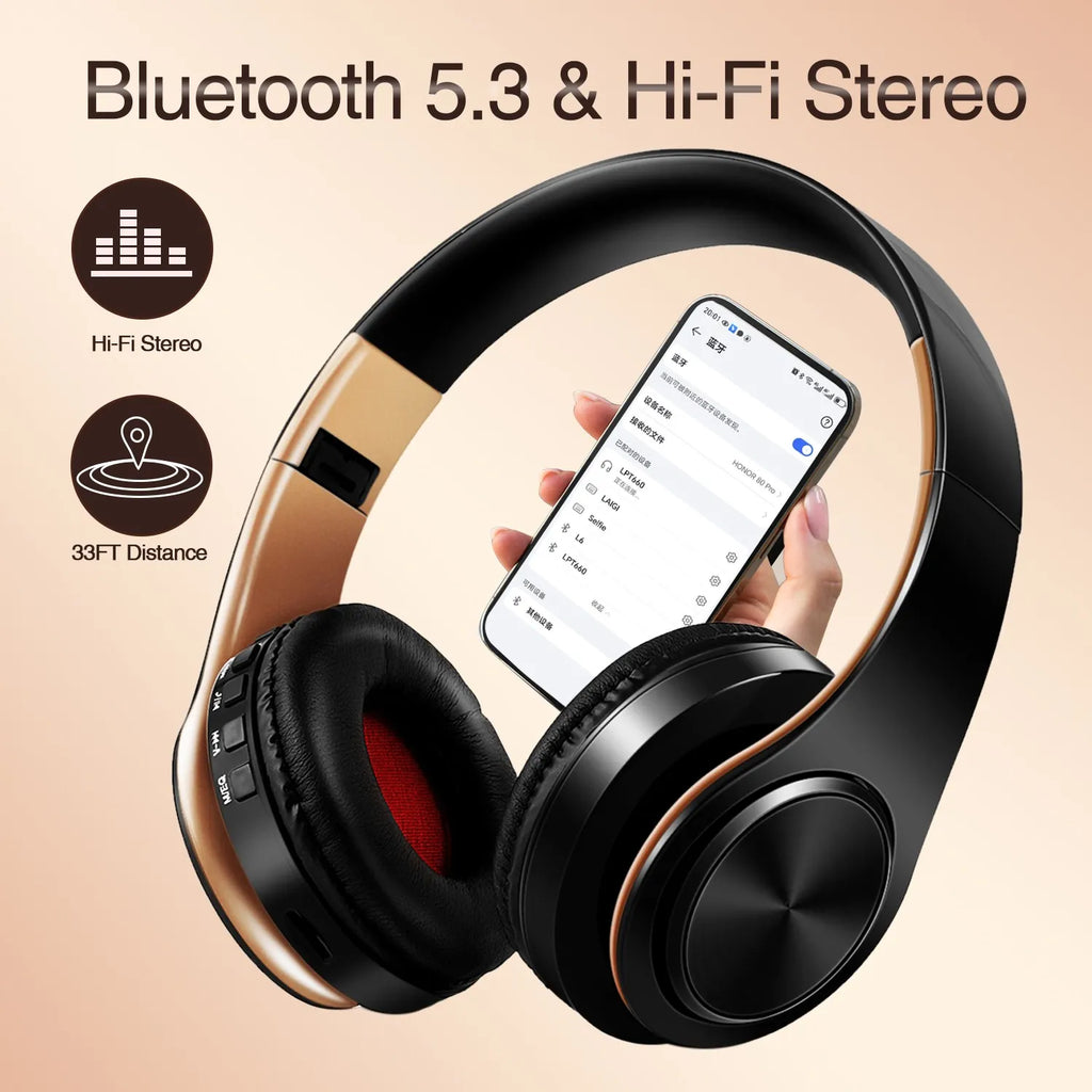 Gold Wireless Headphones Bluetooth Earphone Stereo Headset