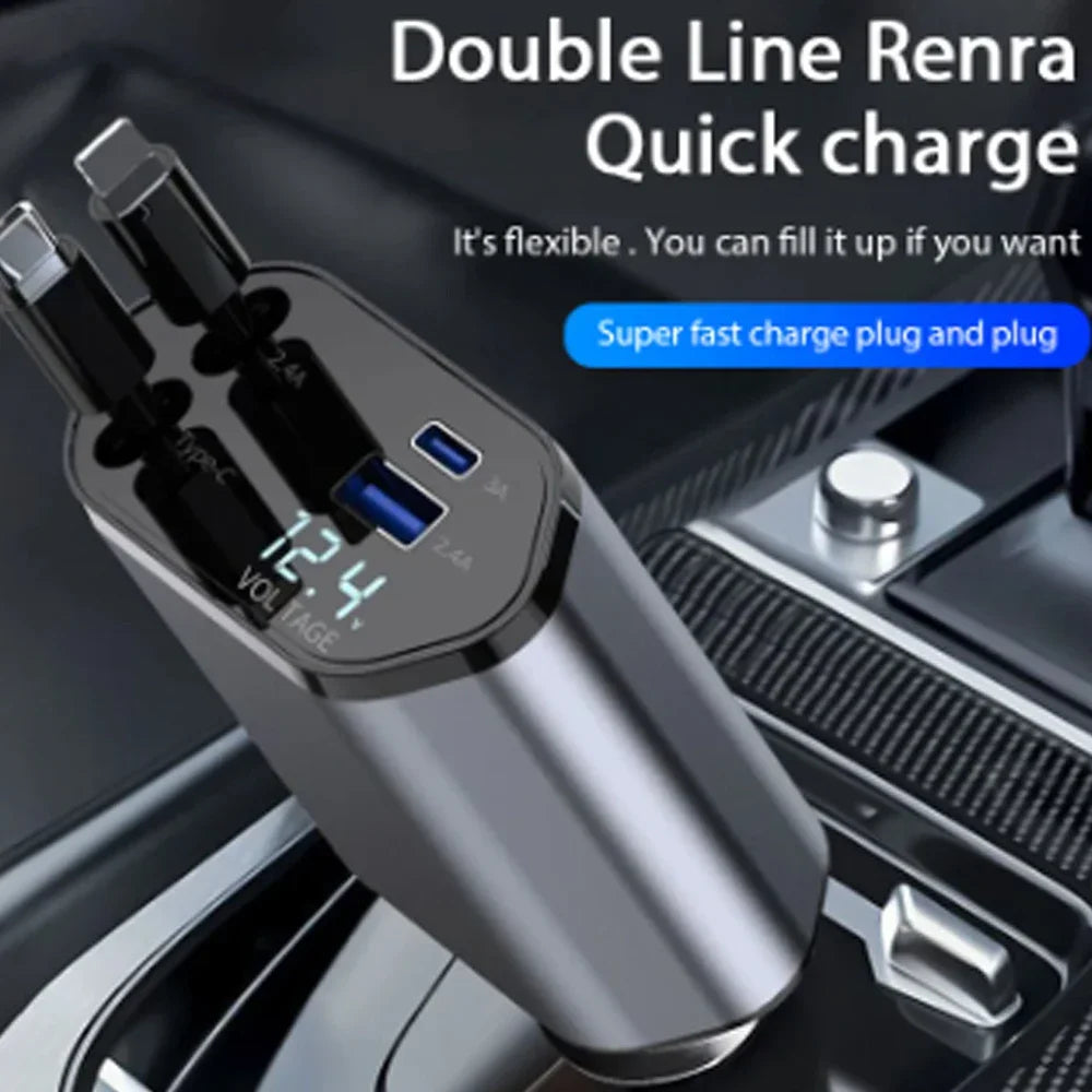 120W Fast Charge Car Charger Adaptor with Retractable Cords