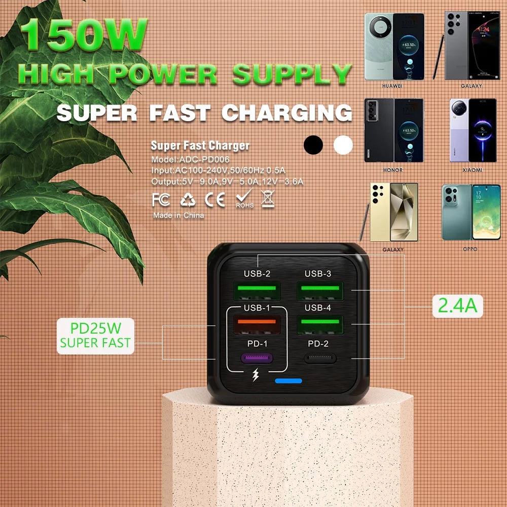 150W USB Charger Wall Adapter with 6 Ports and Fast Charging