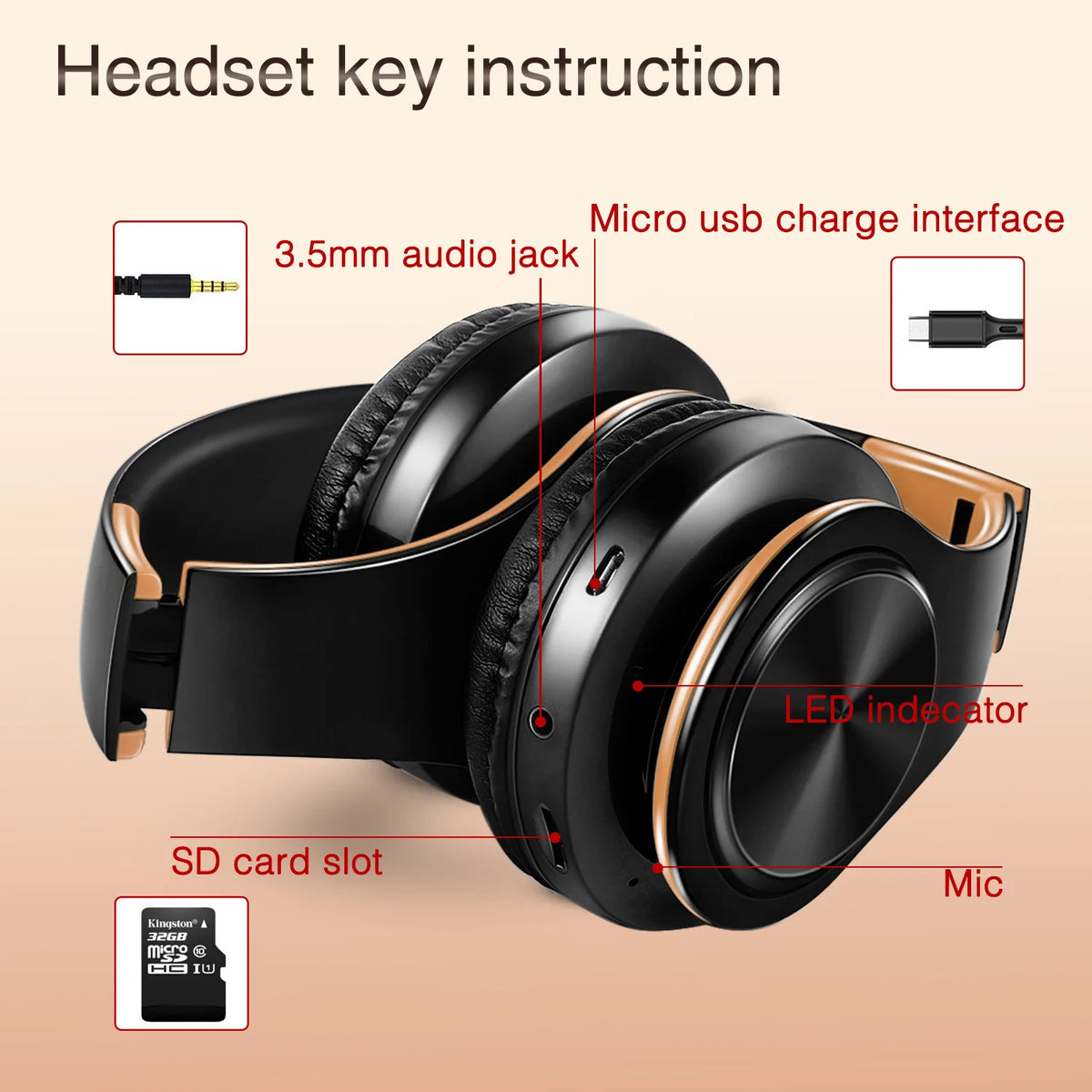 Gold Wireless Headphones Bluetooth Earphone Stereo Headset
