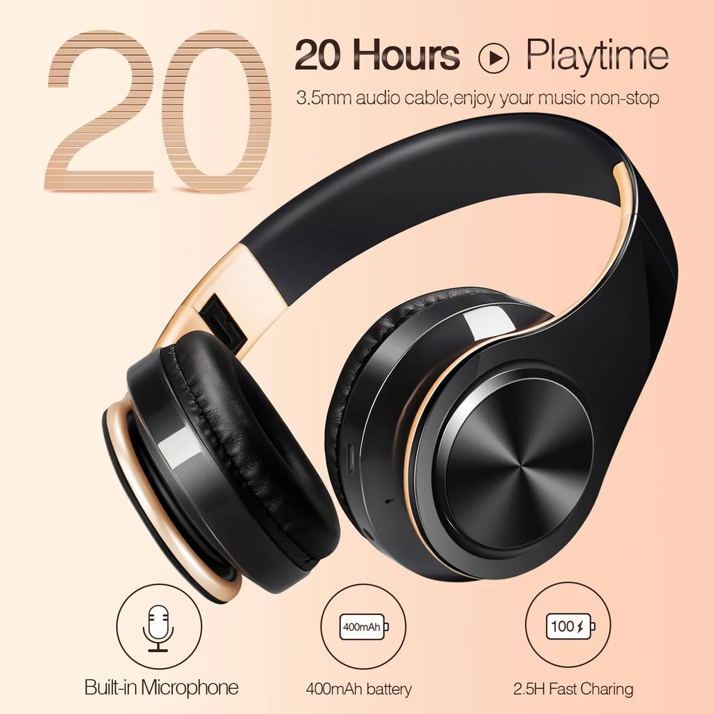 Gold Wireless Headphones Bluetooth Earphone Stereo Headset