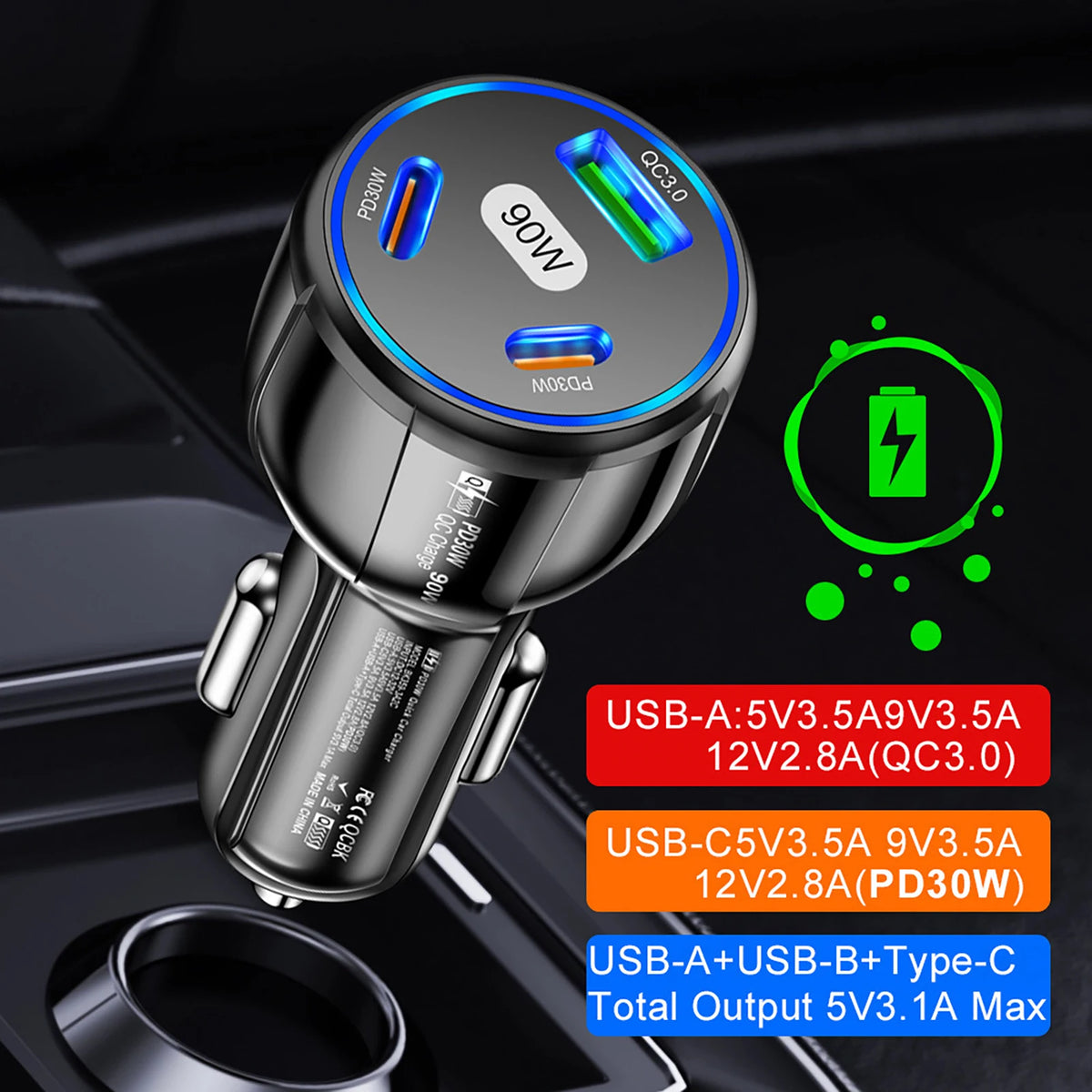USB Type C Fast Charger 3 Ports Car Adapter Black