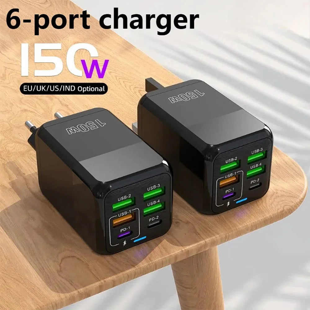 150W USB Charger Wall Adapter with 6 Ports and Fast Charging
