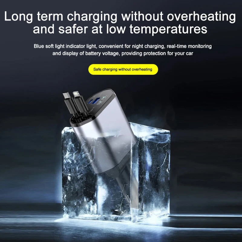 120W Fast Charge Car Charger Adaptor with Retractable Cords
