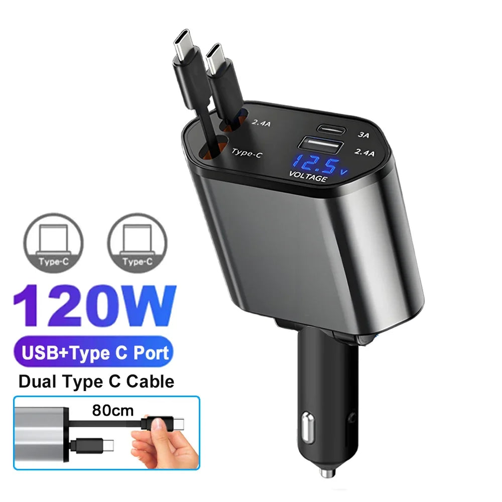 120W Fast Charge Car Charger Adaptor with Retractable Cords