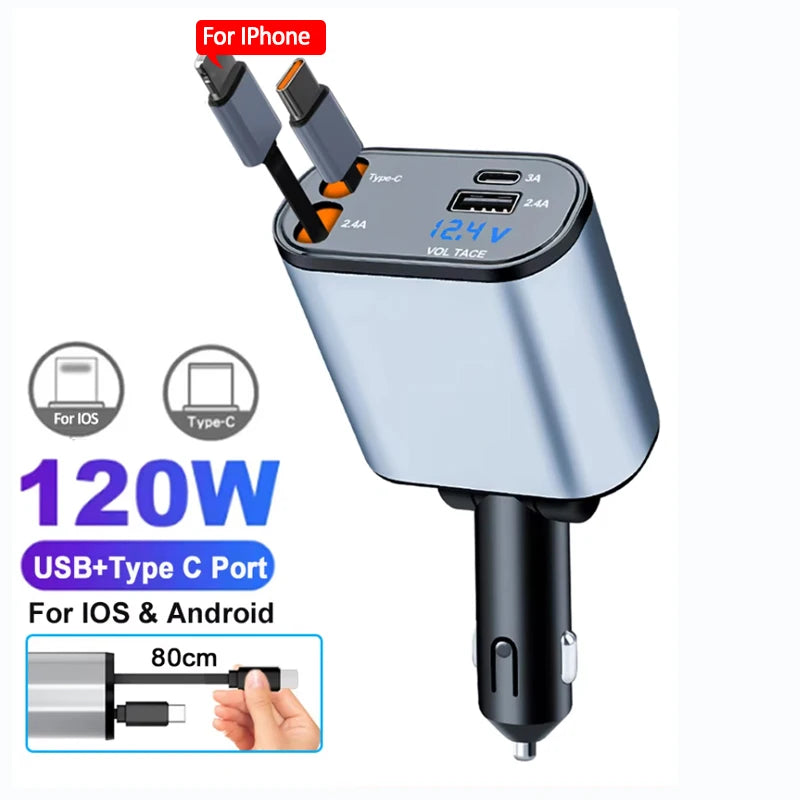 120W Fast Charge Car Charger Adaptor with Retractable Cords