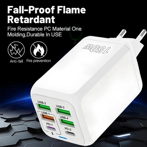150W USB Charger Wall Adapter with 6 Ports and Fast Charging