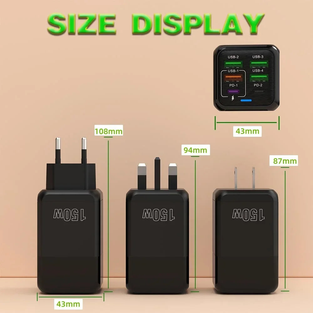 150W USB Charger Wall Adapter with 6 Ports and Fast Charging