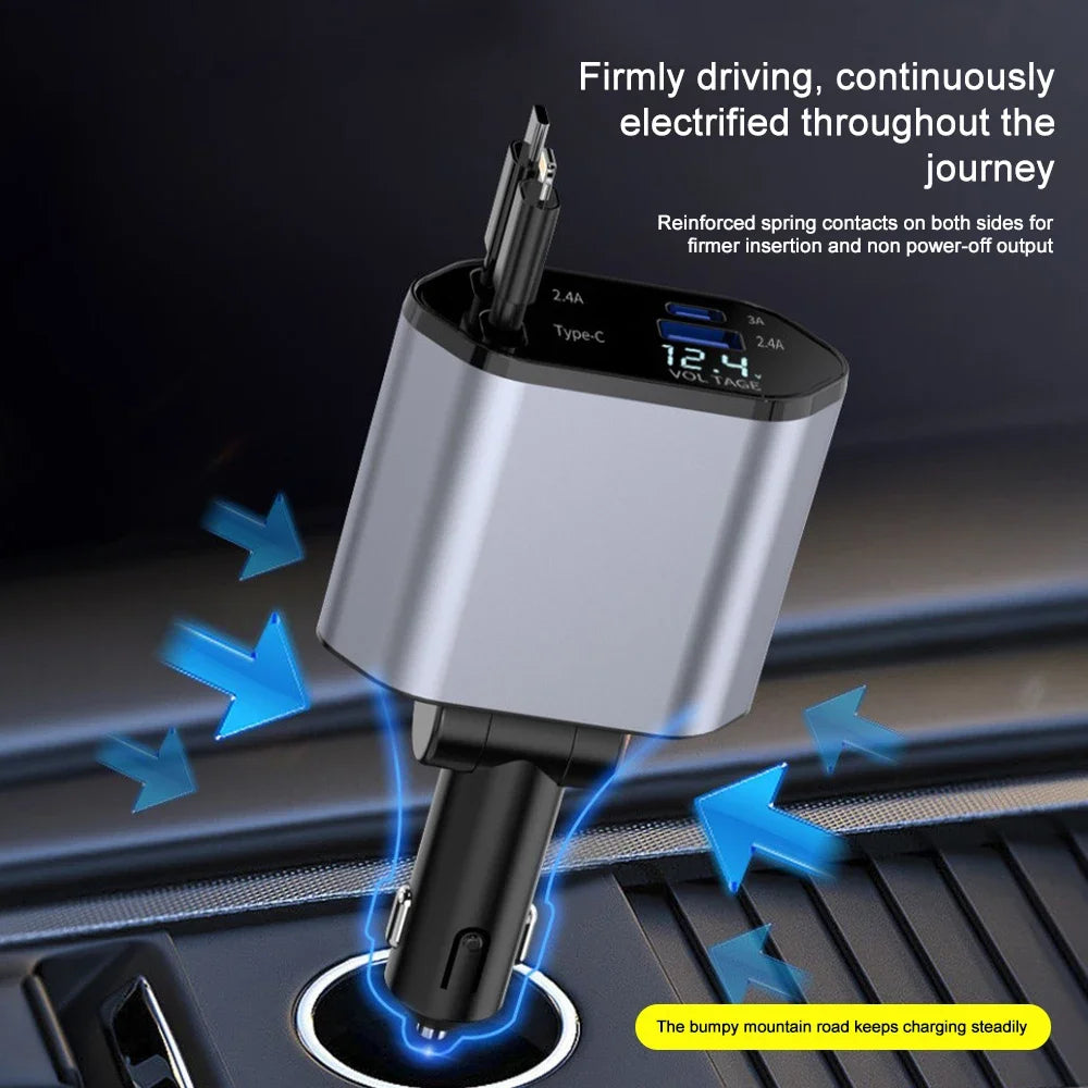 120W Fast Charge Car Charger Adaptor with Retractable Cords