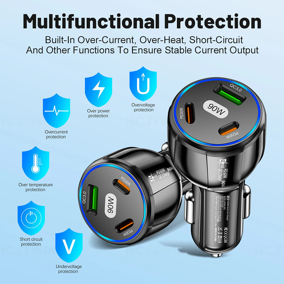 USB Type C Fast Charger 3 Ports Car Adapter Black