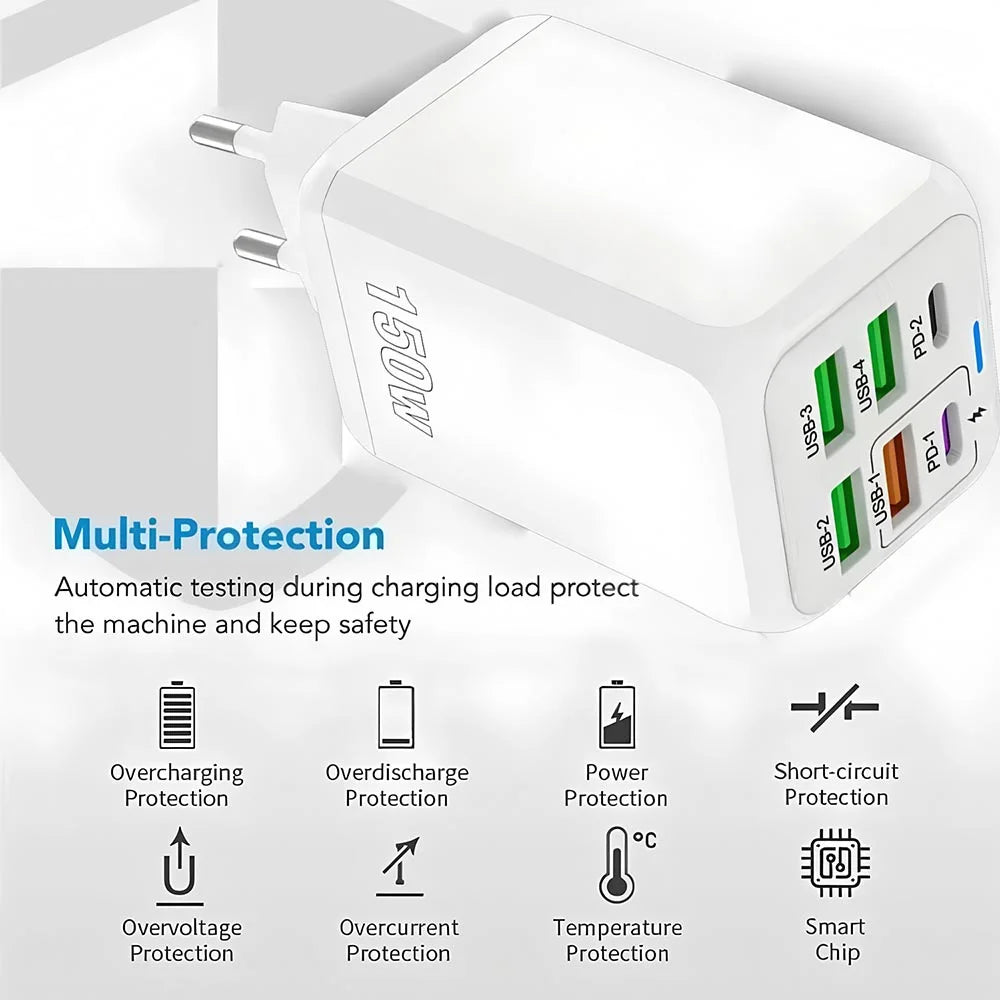 150W USB Charger Wall Adapter with 6 Ports and Fast Charging