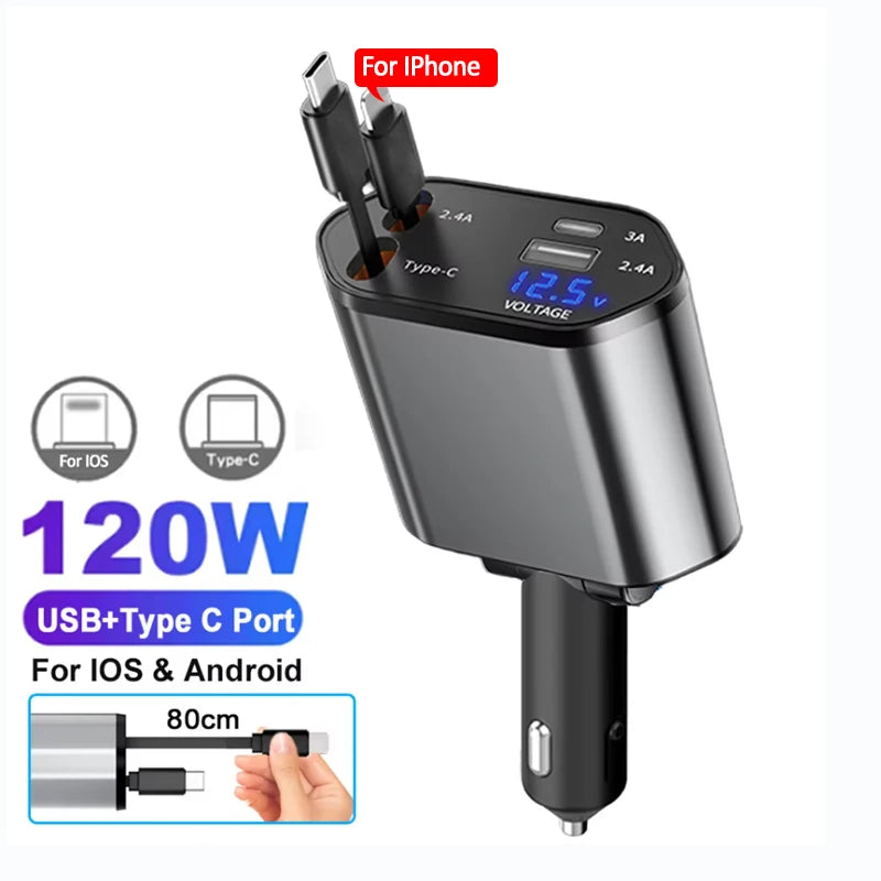 120W Fast Charge Car Charger Adaptor with Retractable Cords