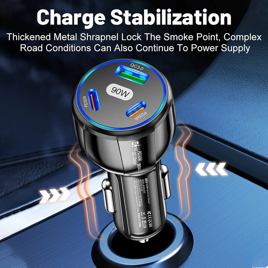 USB Type C Fast Charger 3 Ports Car Adapter Black