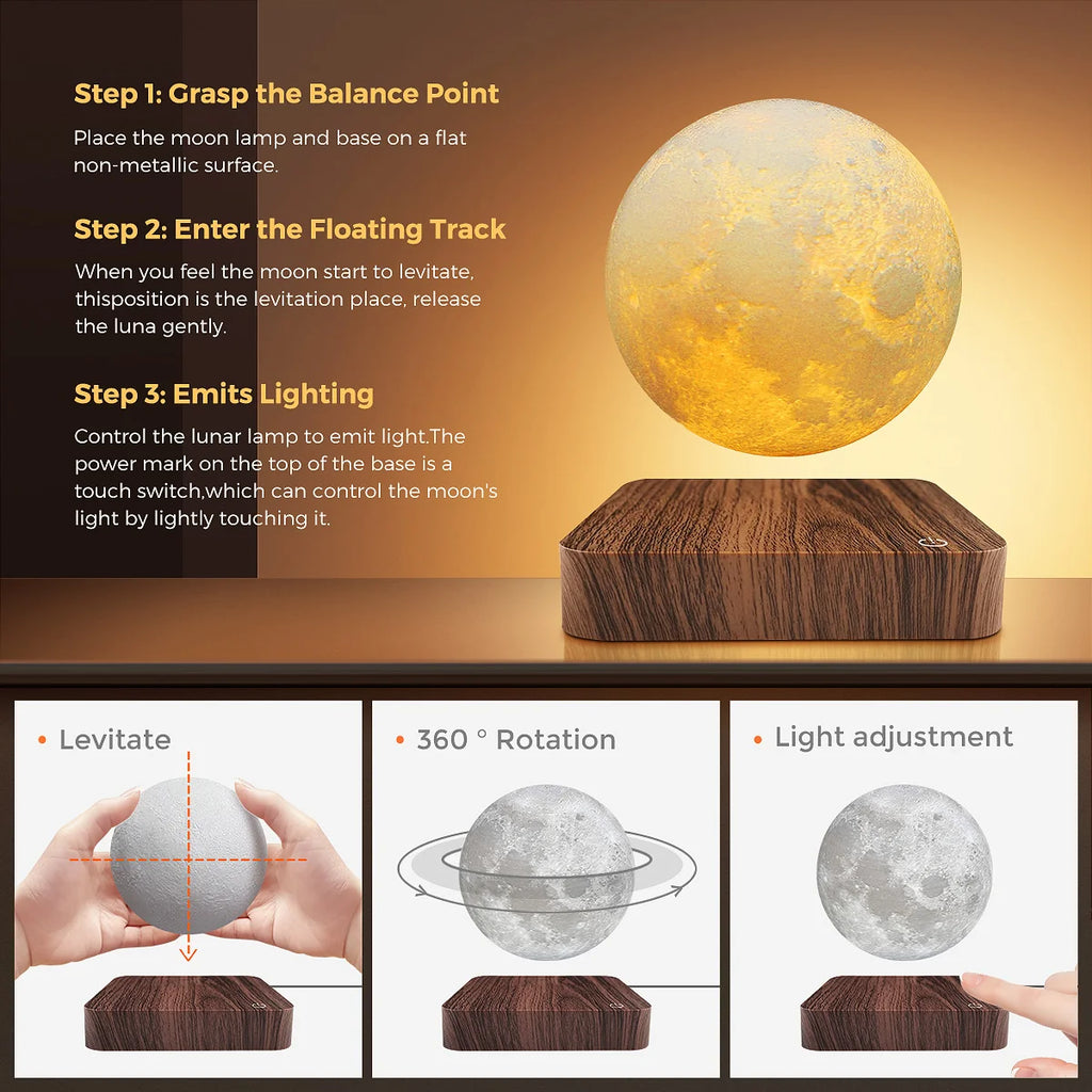 Magnetic Floating Moon Lamp with Wooden Base