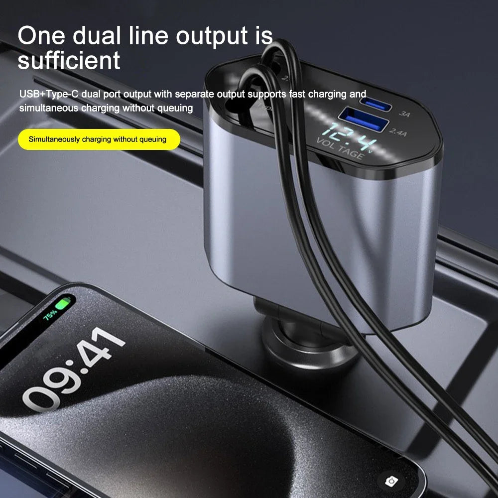 120W Fast Charge Car Charger Adaptor with Retractable Cords