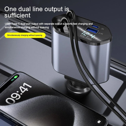 120W Fast Charge Car Charger Adaptor with Retractable Cords