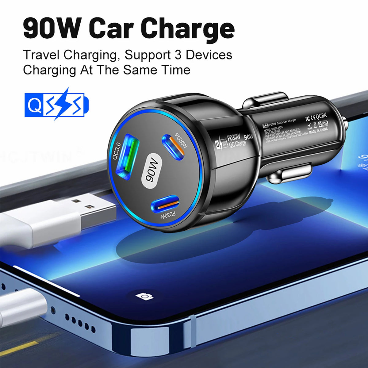USB Type C Fast Charger 3 Ports Car Adapter Black