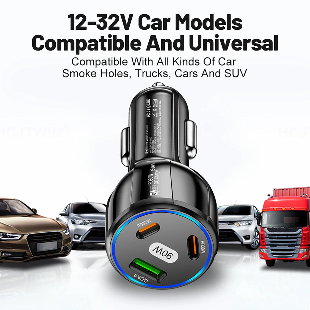 USB Type C Fast Charger 3 Ports Car Adapter Black