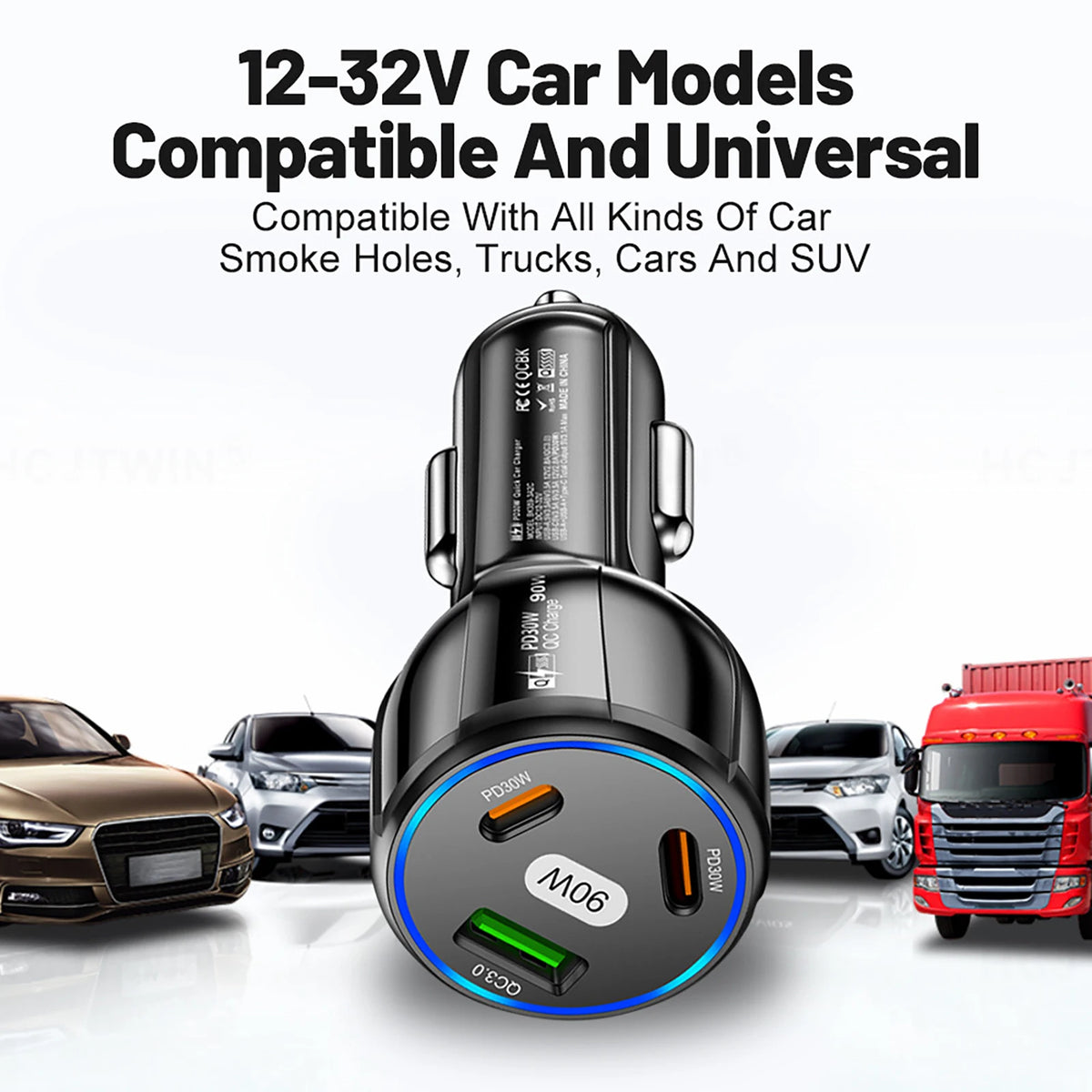 USB Type C Fast Charger 3 Ports Car Adapter Black